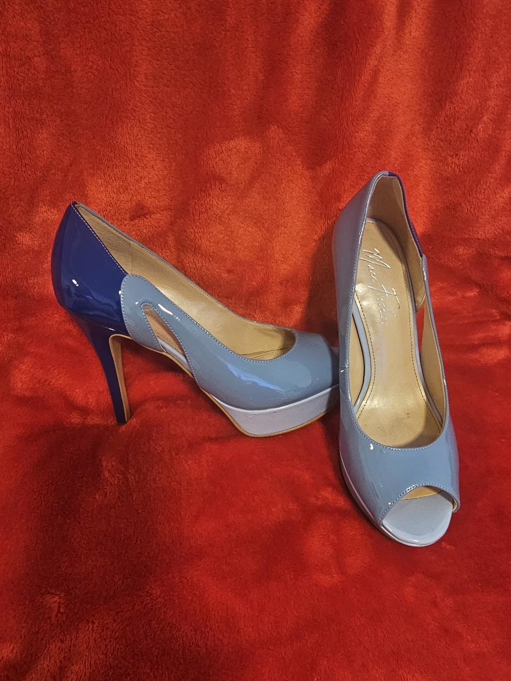 Patent Leather Two-Tone Blue Peep-Toe Platform Pumps
